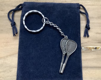 Squash Rackets Silver Pewter Keychain With A Velveteen Gift Bag