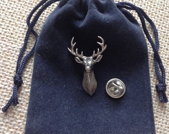 Stag Head Pewter Pin Badge In A Velveteen Gift Bag