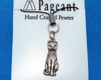 Hand Crafted Silver Pewter Cat Zip / Sac / Phone Charm