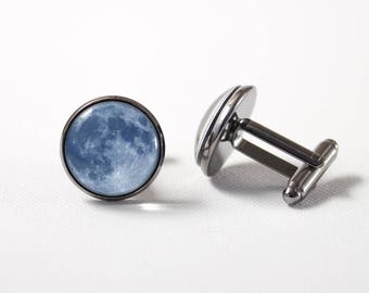 Boutons de manchette lune lune de l’espace extra-atmosphérique accessoires boutons de manchette bleu lune pleine lune cadeau mariage bijoux hommes don de lune bijoux boutons de manchettes espace Luna