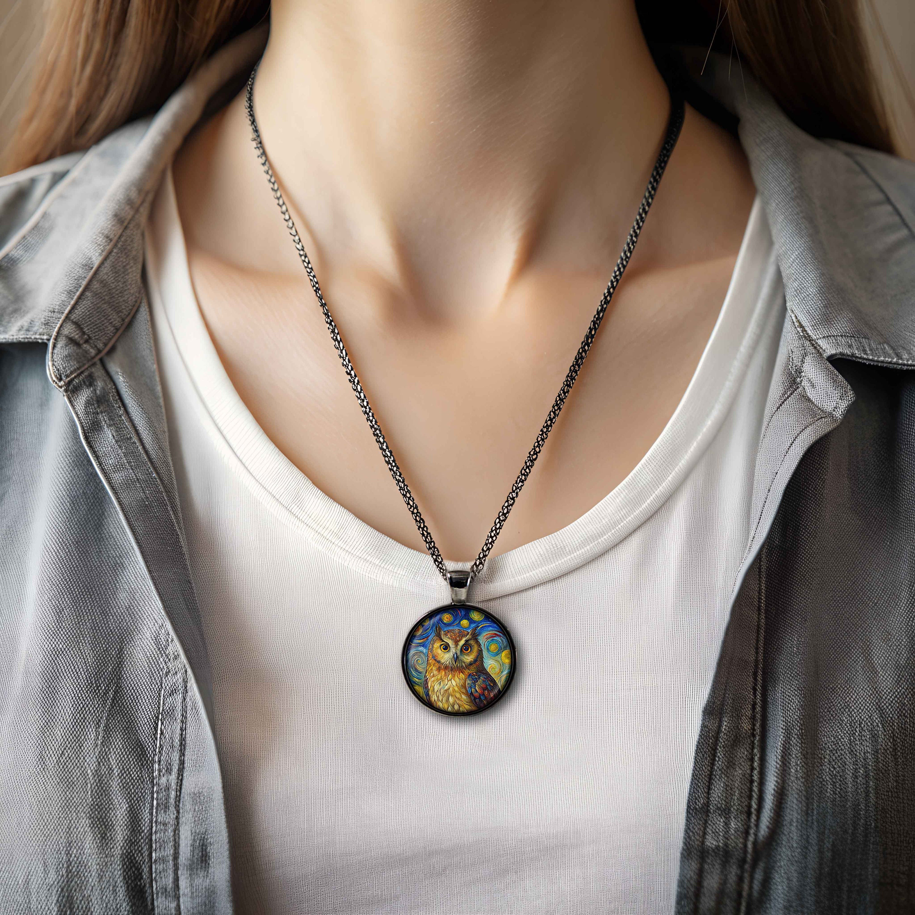 Owl Necklace Bird Van Gogh Style Gift For Women Van Gogh Gift Owl Pendant Art Necklace Owl Jewelry V
