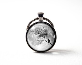 Katze und Mond Keychain Freundin Geschenk Schlüsselring Katzenschmuck Mond Schlüsselanhänger Vollmond Mond-Anhänger Luna Geschenk Mondkunst Katzen-Schlüsselring Mädchen Geschenk