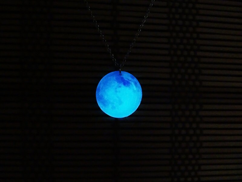 Glowing Necklace Blue Moon Glow Moon Girlfriend Gift Glow in the Dark Pendant Glowing Moon Moon Necklace Night Necklace Moon Etsy