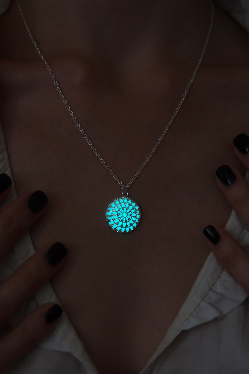 Glow in the Dark Necklace Aqua Circle Glowing Pendant Glow Etsy