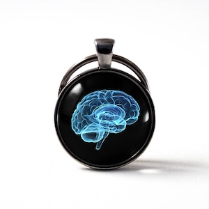 May include: A silver keychain with a black round charm featuring a blue, translucent brain graphic.