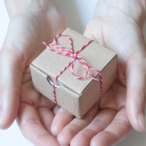 May include: A small, square, brown cardboard gift box tied with red and white twine. The box is held in open hands against a white background. The twine is wrapped around the box and tied in a bow.