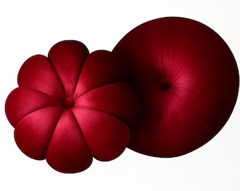 Burgundy velvet round & flower pillow