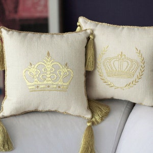 Burlap pillow  with golden tassel crown embroidered,stand pillow, display pillow , baptism cushion, decorativ pillow,gold tasseled pillow