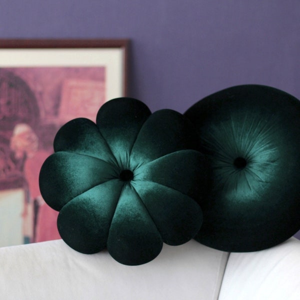 Almohada redonda de terciopelo verde esmeralda y almohada decorativa de flores almohada de tiro verde oscuro cojín circular