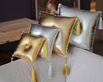 Gold and Silver color pillow with tassel and piping, stand pillow,display pillow,baptism cushion,throw pillow,gold tasseled pillow