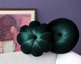 Emerald Green velvet round & flower pillow decorative pillow dark green throw pillow circular cushion