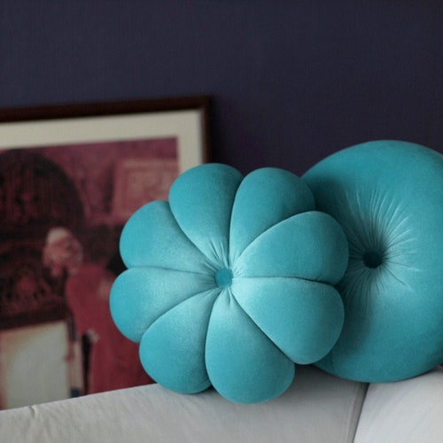 Turquoise Velvet Round & Flower Pillow Etsy