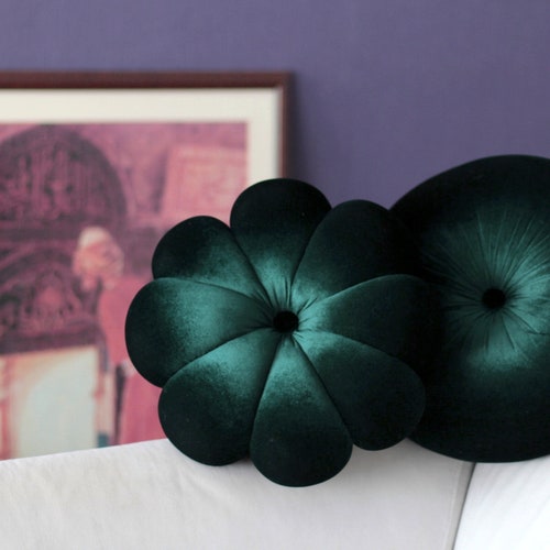 Emerald Green Velvet Round & Flower Pillow Etsy