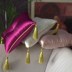 Satin pillow with golden tassel stand pillow, display pillow , baptism cushion, decorativ pillow,gold tasseled pillow,crown pillow