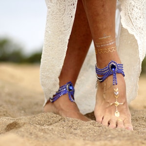 Roya Blue bohemian anklet with blue bead detail ,foot cuff,barefoot sandal,anklecuff, wedding cuff