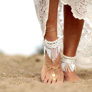 White or Ivory Bead Tasseled Bohemian Ankle Cuff Barefoot - Etsy