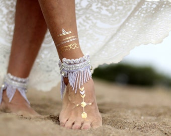 Lilac bead tasseled bohemian ankle cuff, barefoot sandal,bridal shoe accessories