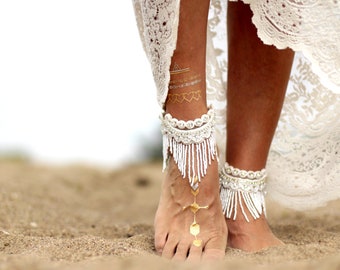 White or ivory bead tasseled bohemian ankle cuff, barefoot sandal,bridal shoe accessories