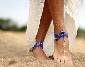 Roya Blue bohemian anklet with blue bead detail ,foot cuff,barefoot sandal,anklecuff, wedding cuff