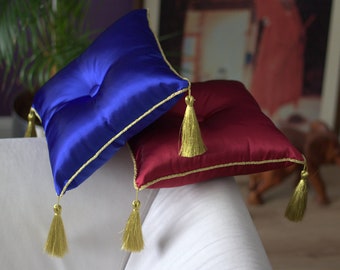 Satin  pillow with golden tassel Royal or Burgundy,stand pillow, display pillow , baptism cushion, decorativ pillow,gold tasseled pillow