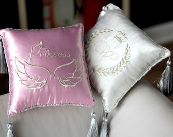 Customized satin pillow with gold or silver decoration, details stand pillow, display pillow , baptism cushion, gold tasseled pillow