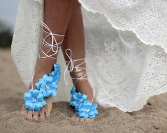 Turquoise blue flower barefoot sandal, beach wedding barefoot sandals,footcuff, wedding anklet,nude shoes,ankle cuff