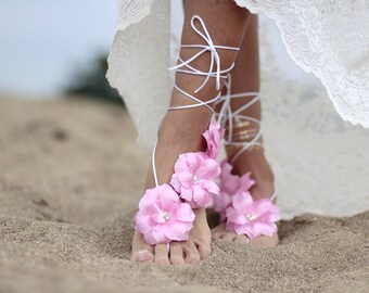 Pink flower barefoot sandal, beach wedding barefoot sandals,footcuff, wedding anklet,nude shoes,ankle cuff