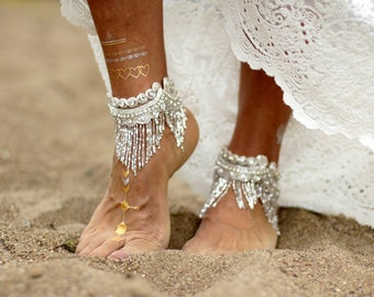 Glowing, glamour, tasseled bohemian ankle cuff, barefoot sandal,bridal shoe accessories