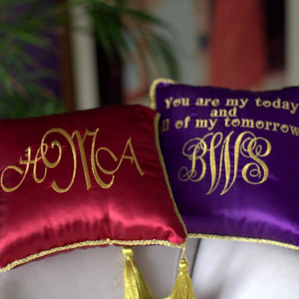 Monogrammed or Customized satin pillow with golden tassel stand pillow, display pillow , baptism cushion, gold tasseled pillow