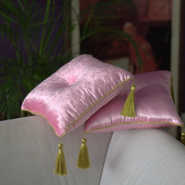 Pink velvet or satin 14" with tassel and piping, stand pillow, display pillow , baptism cushion, decorativ pillow,gold tasseled pillow