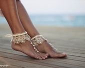 Barefoot sandal Dance of the pearls with frilly guipure beach wedding barefoot sandals, wedding anklet,nude shoes,boho sandal,cuff