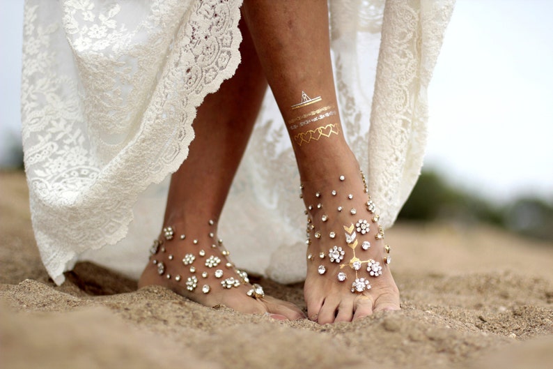 Glowing flowers barefoot sandal, beach wedding barefoot sandals,footcuff, wedding anklet,nude shoes,ankle cuff image 1