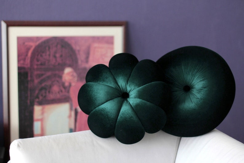 Emerald Green velvet round & flower pillow decorative pillow dark green throw pillow circular cushion image 1