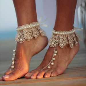 Barefoot sandal&Dance of the pearls with frilly guipure beach wedding barefoot sandals, wedding anklet,nude shoes,boho sandal,cuff image 3