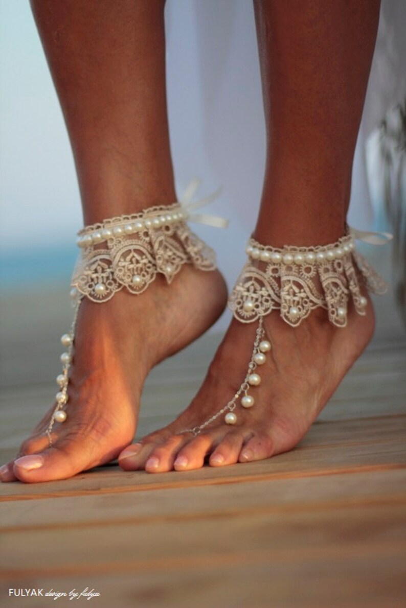 Barefoot sandal&Dance of the pearls with frilly guipure beach wedding barefoot sandals, wedding anklet,nude shoes,boho sandal,cuff image 3