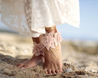 Barefoot sandaal blozen bloemen verstrikt aan ketting, strand bruiloft blote voeten sandalen, armband, bruiloft enkelbandje, naakt schoenen, enkel manchet