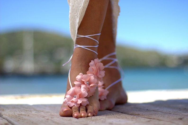 Blush Pastel Pink Curly Flowers Barefoot Sandal Beach Etsy