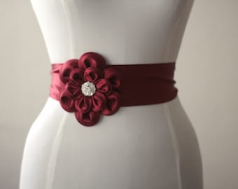 Burgundy satin small flower wedding dress belt / sash