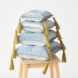 Pale blue velvet pillow with tassel and piping, stand pillow, display pillow , baptism cushion, decorativ pillow,gold tasseled pillow