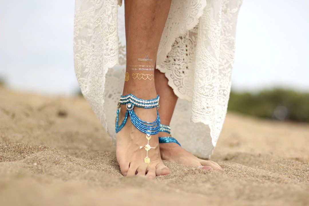 Bohemian Anklet With Blue Bead Detail foot Cuffbarefoot - Etsy