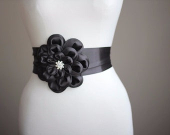 Charcoal gray satin  flower wedding dress belt / sash, night dress belt,Cocktail dress belt, bridesmaid sash