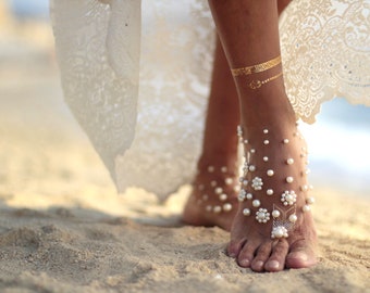Pearl flowers barefoot sandal, beach wedding barefoot sandals,footcuff, wedding anklet,nude shoes,ankle cuff barefoot shoes