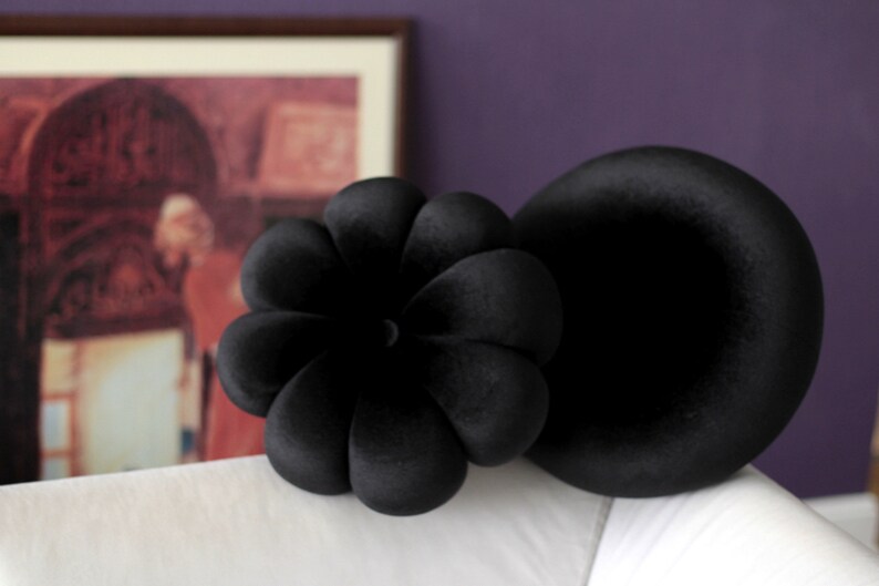 Black Velvet Round & Flower Pillow Etsy