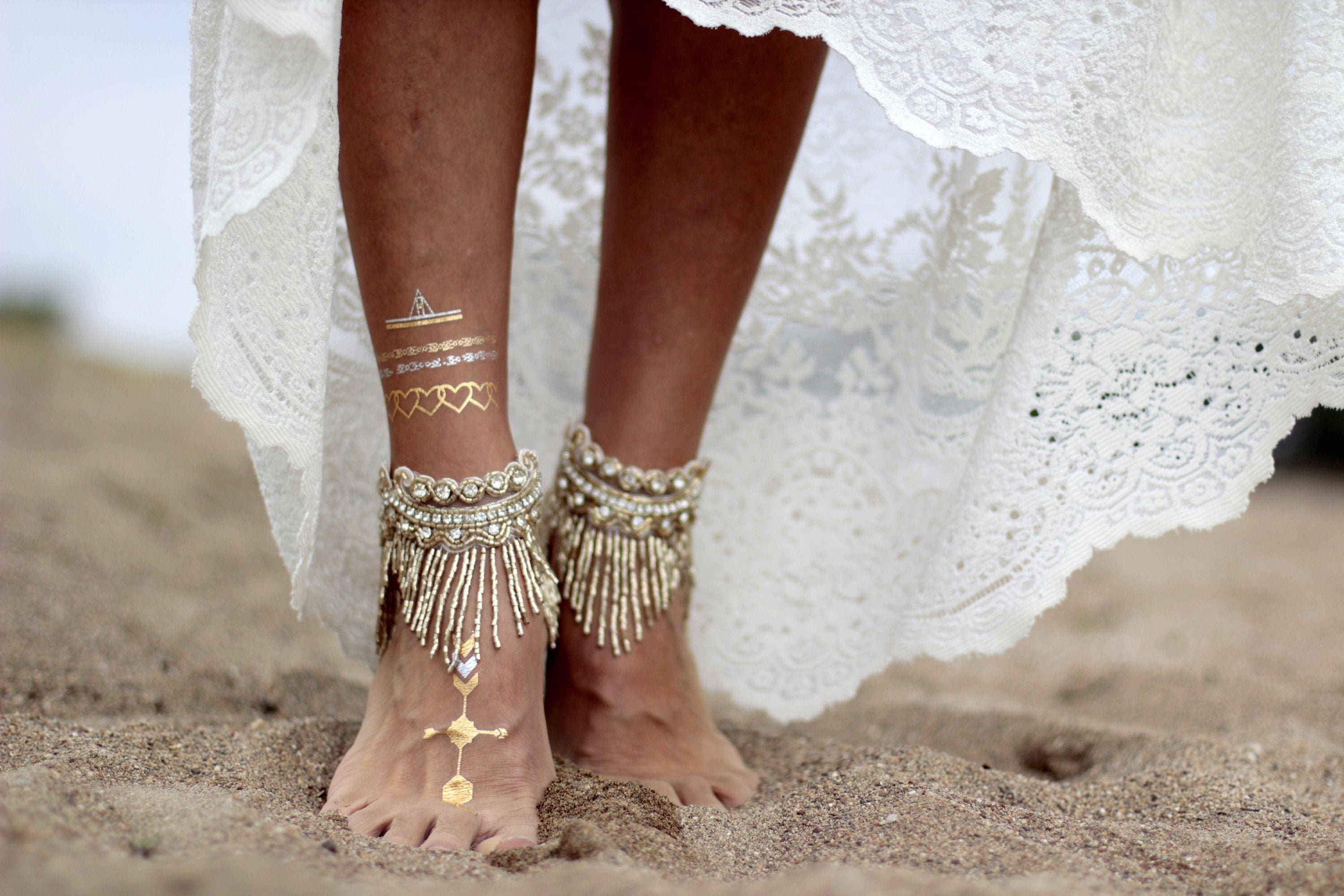 Antique gold tasseled bohemian ankle cuff barefoot | Etsy