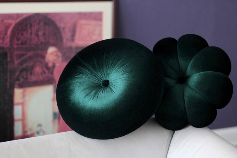 Emerald Green velvet round & flower pillow decorative pillow dark green throw pillow circular cushion image 5