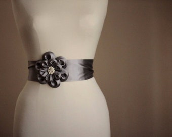 Grey satin small flower wedding dress belt / sash
