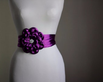 Wedding dress belt&Purple satin  flower  / sash, night dress belt,Cocktail dress belt, bridesmaid sash