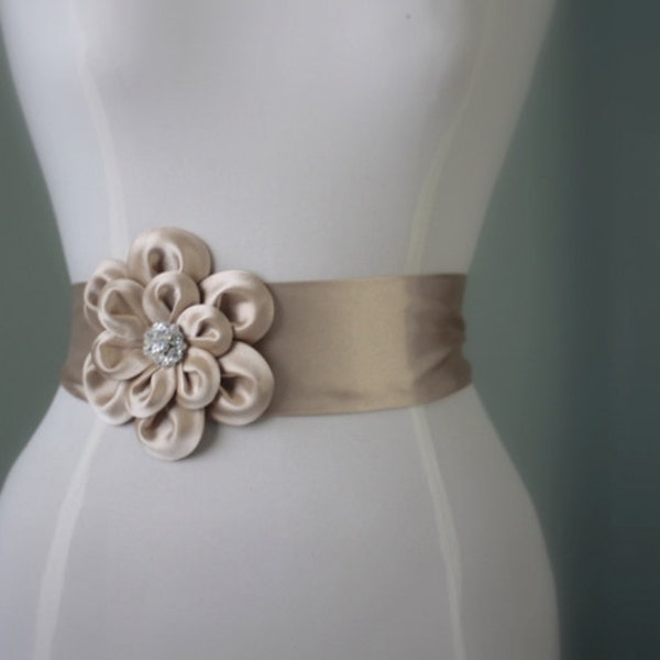 Champagne satin small flower wedding dress belt / sash