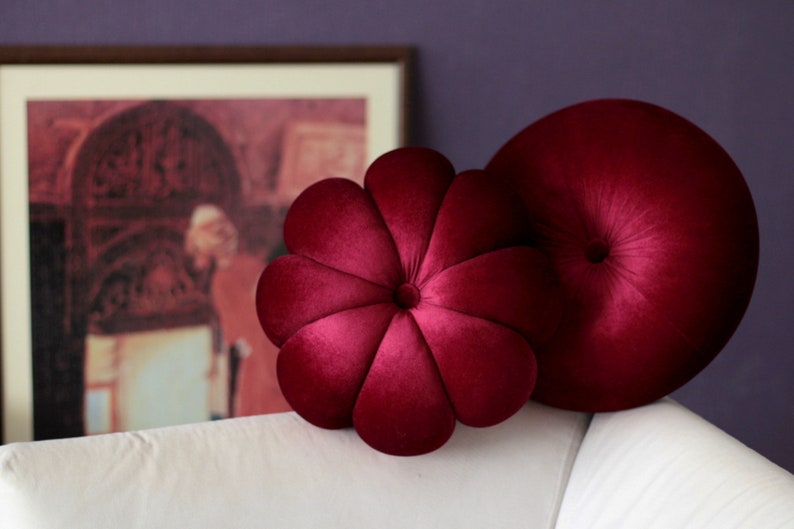 Burgundy velvet round & flower pillow Etsy