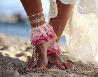 Pink boho barefoot sandals with pearls, boho dance of pearls and lace, bangle, wedding anklet,nude shoes,boho sandal, lace anklet